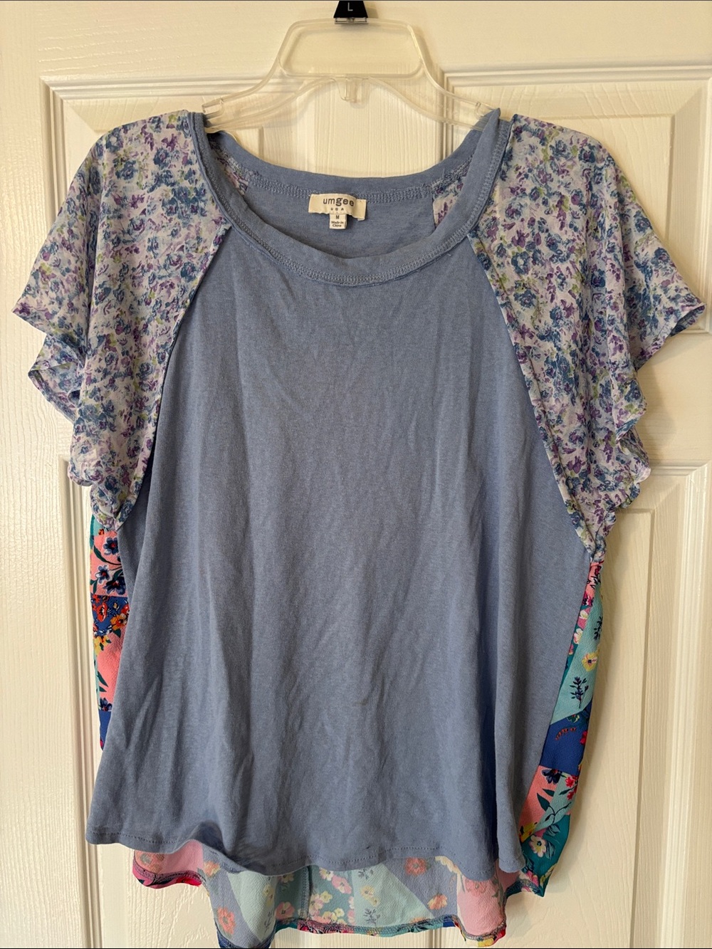 Umgee Powder Blue Raglan Top with Floral Sleeves
